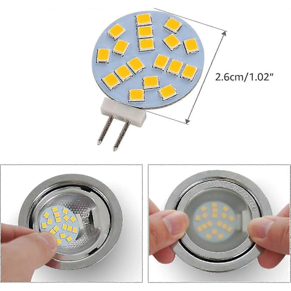 Varmt vita G4 runda LED-lampor, 2W ersätter 20W bas halogenlampa, 12V AC/10-30V DC, G4-belysning för infälld under-skåpsbelysning, 6 st (LGL)