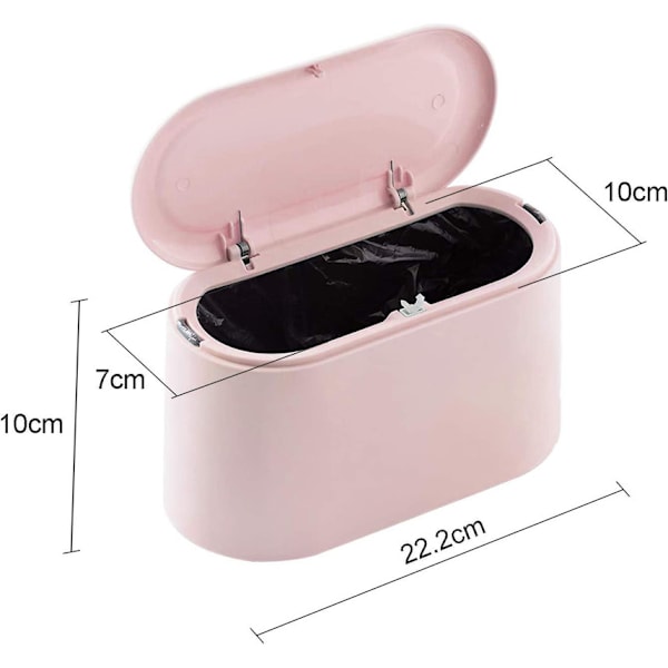 Liten (rosa) papperskorg med tryckknappslock för kontor, badrum, kök och sovrum, förvaring av djurfoder
