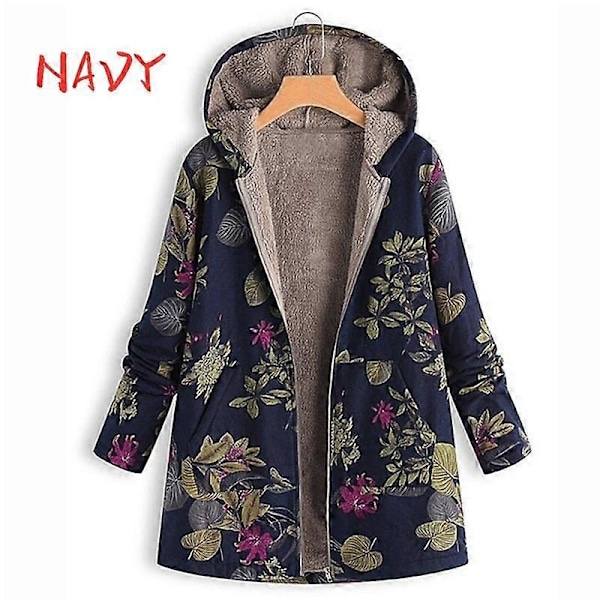 Afslappet Dame Varm Lomme Hættetrøje Langærmet Lynlås Vintage Frakker Blomster Fleece Jakke LGL navy blue 4XL