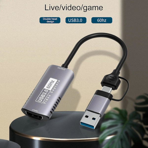 2-i-1 HDMI-kompatibel til Type-C/USB3.0 Audio Video Capture Card 4K 60FPS Game Capture Card LGL Grey