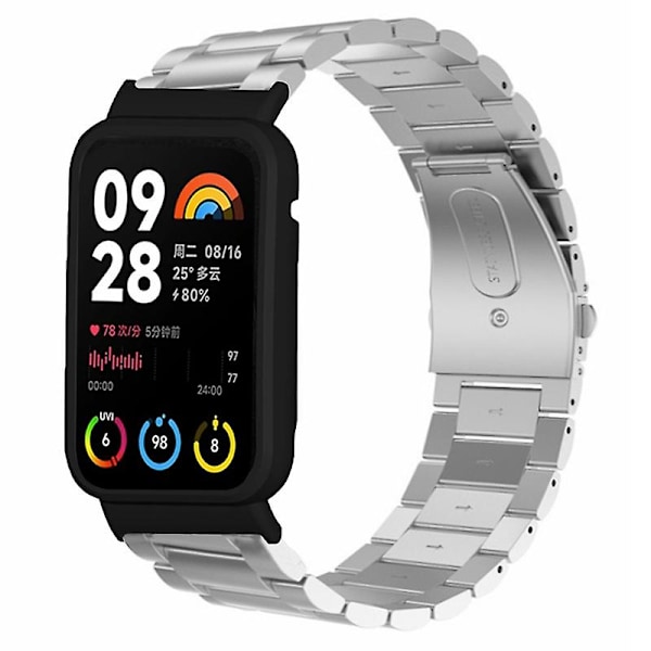 För Xiaomi Smart Band 8 Pro Watch Band i rostfritt stål med svart klockfodral [GGL] Silver Xiaomi Smart Band 8 Pro