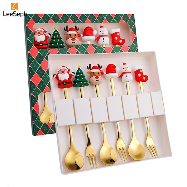 Julkaffeskedar och -gafflar Set (4/6 st), Rostfritt Stål Skedar Gafflar Julgåvor för Barn (Röd/Grön Presentask) 6pcs spoon  B