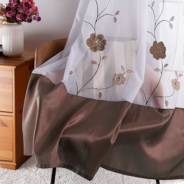 Styk Blomsterbroderi Gennemsigtige Øjetgardiner til Soveværelse Køkken Stue, 140cmx225cm, Brun (LGL)