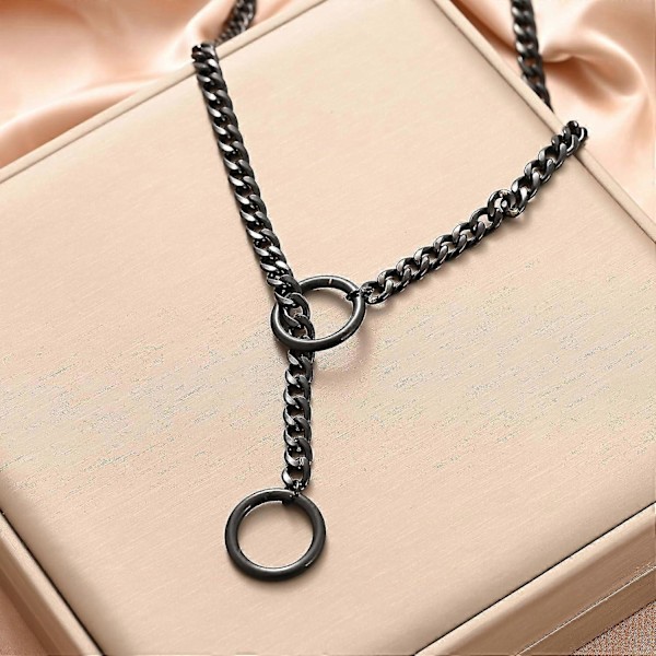 Halsband med hjärtformad O-ring och glidkedja för kvinnor, kubansk kedja i rostfritt stål med hjärta, punkrock-halsband, handgjort justerbart lariat Y LGL Black Ring
