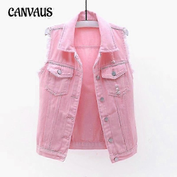 \"Cowboy Vest Dame Kort Forår og Sommer Plus Size Rå Kant Ærmeløs Jakke Hullet Cardigan\" LGL black L
