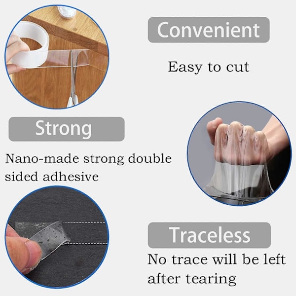 6M Dubbelhäftande TejpExtra Stark, Transparent Tvättbar Nanotejp, Halkfri Dubbelsidig Gel3M* 2 Rullar-2CMx1MM (LGL)