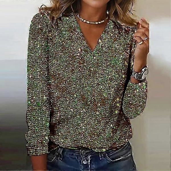 Dame Top Skinnende Pailletter V-Hals Lange Ærmer Løs Blød Pullover Ren Farve Åndbar Daglig Pendling Klub Fest Dame Bluse Skjorte LGL black 2XL