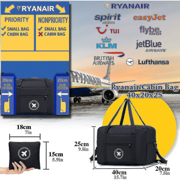 Kabinetaske 40x20x25 Cm til Ryanair Godkendt størrelse Sammenfoldelig håndbagagetaske Rejse Duffeltaske Bagageundersædet Bære på skuldertaske Håndbagage Nyl A-black4x2x25cm