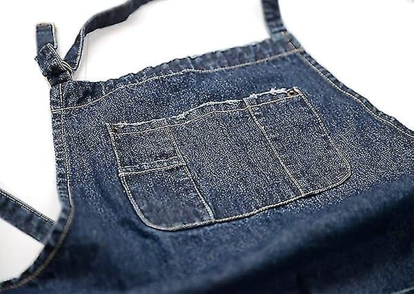Denimförkläde, justerbart unisex-haklappsförkläde med fickor för matlagning, kök, kort mörkblå (LGL)