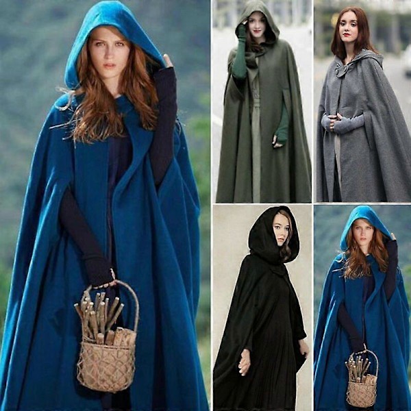 Middelalderlig Vintage Hætte Cape Frakke til Kvinder Vinter Vintage Elegant Vikingekåbe Enkelt Knap Kappe LGL Black L
