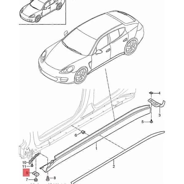 Midtsøylejekk for Porsche Panamera 970 2010-2016, støttepunkt. (LGL)