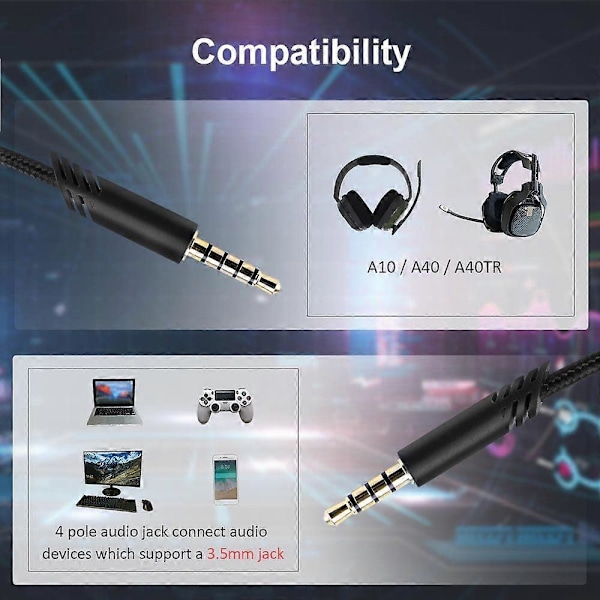 Erstatnings A10 Kabel Kompatibel med Astro A10 Headset, QJYTH A10 Inline Volume Lydkabel til Astro A10/A40/A40TR Gaming Headset, Passer til LGL