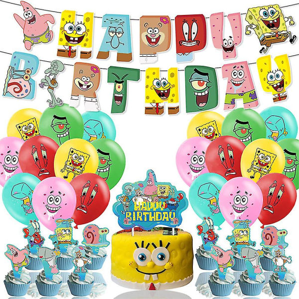 SpongeBob tema fødselsdagsfest tilbehør Banner Cage Topper Cupcake Topper Balloner Dekorationssæt Cby3503