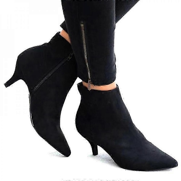 Dam Dragkedja Låg Kitten Heel Ankelboots Spetsiga Skor Fir Yly- LGL Black 41