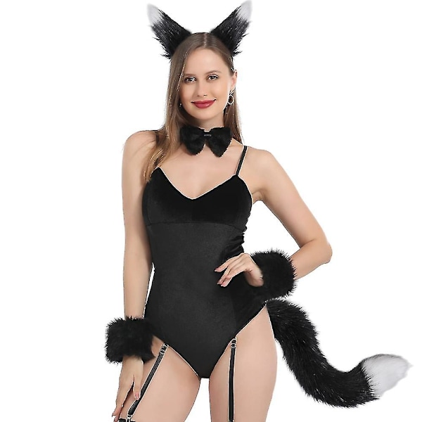 Faux Fur Kat Fox Ulv Pelsagtig Hale Og Clip Ører Til Halloween Fest Kostume Tilbehør Ulv LGL black White