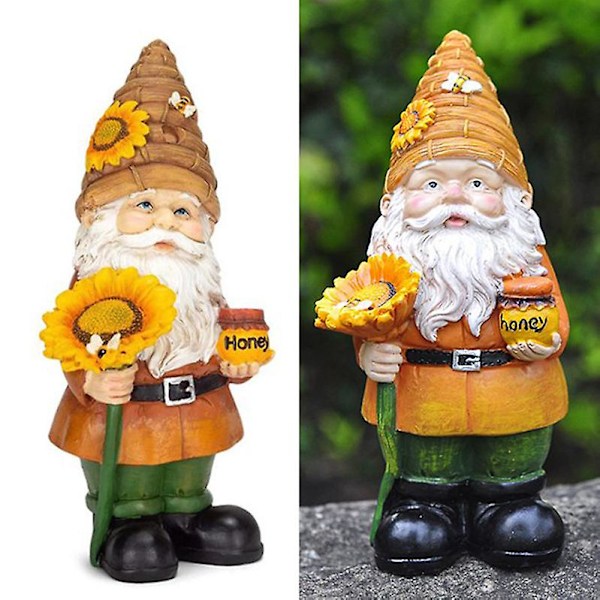 1 stk. Gnome Utendørs Hagestatue Resin Hageskulptur Vanntett Hagefigur for Dekorasjon (Bieholder med Solsikke, 7,5x7x15,5cm) (LGL)