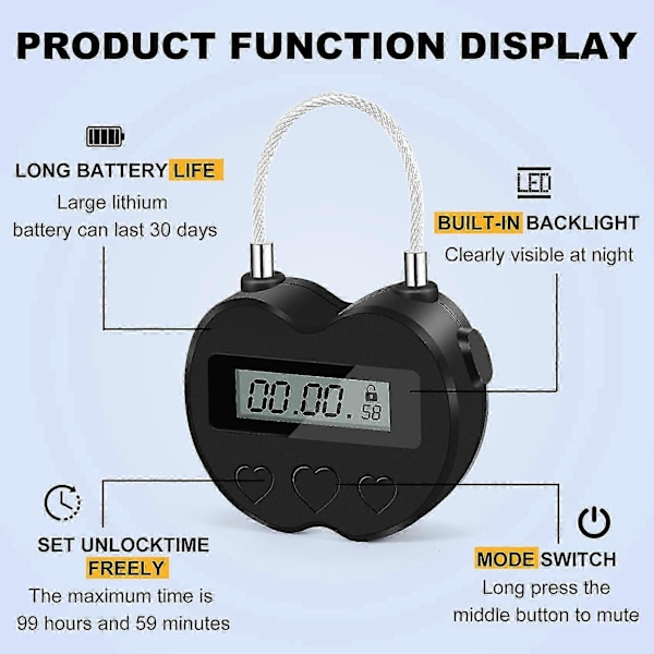 Smart Time Lock LCD Display Tidslås Multifunktionel Elektronisk Rejsetimer, Vandtæt USB Genopladelig Midlertidig Timer Hængelås P2025011076 LGL black