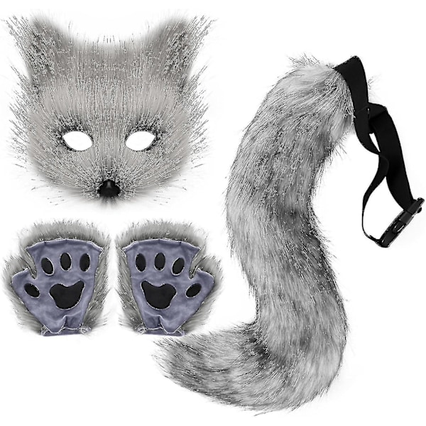 Faux Fur Rævehale Kat Ulv Cosplay Kostumesæt Plys Maske Fluffy Potehandsker Halloween Jul LGL Dark Gray
