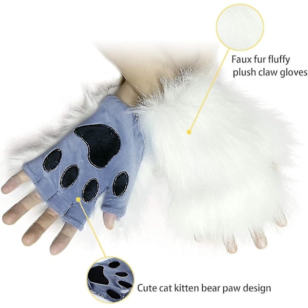 Fuskpäls Rävsvans Katt Varg Cosplay Kostymset Plysch Mask Fluffiga Vantar Handskar Halloween Jul LGL White