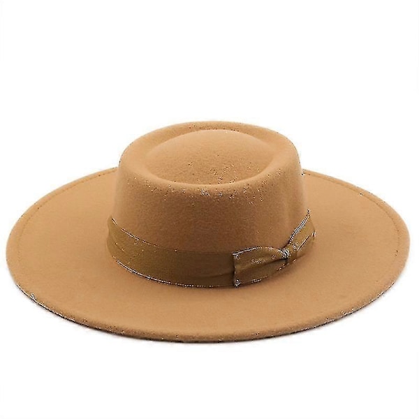 Hattuja miehille ja naisille, villahuopahattu rusettisolmulla, litteä yläosa, leveälierinen, kevyt, retro, klassinen LGL Camel color