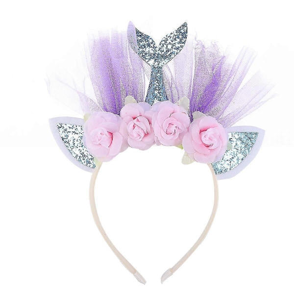 Glitter Havfrue Hårbånd Bedårende Mesh Hårpynt Festartikler Dekorationer til Børn (Blå med Blomster) (LGL)