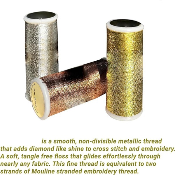 Metallisk broderitråd, set, sytrådar, guld silver koppar bunt. 38,2 Gård. Glittertråd