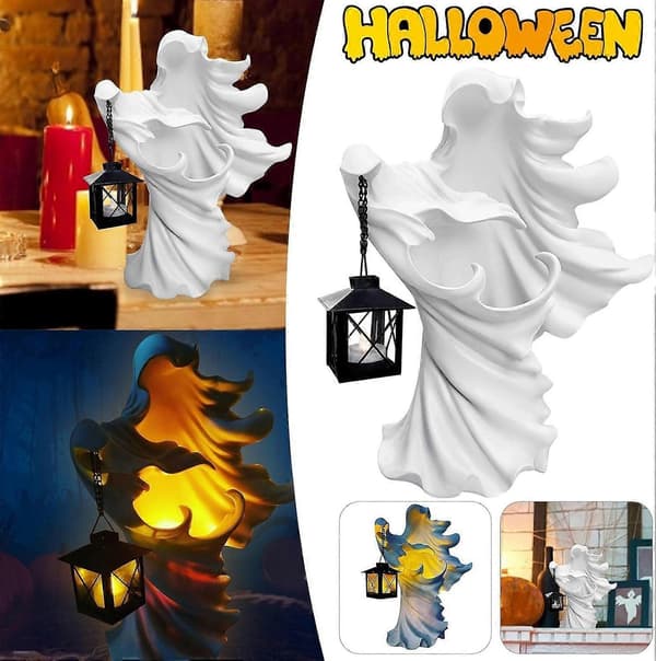 Spøgelse Halloween Heksepynt Solcellelanterne Energibesparende Harpiksstatue til Havedekoration Hvid (LGL)