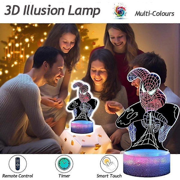 Spiderman Legetøj til Drenge, Superhelte 3D Natlampe Illusionslampe med Timer Fjernbetjening Smart Touch Farveskift med 3 Mønstre LGL