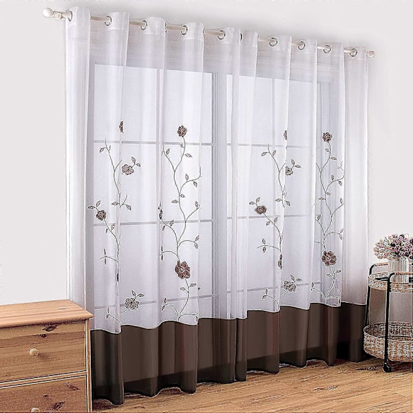 En Blommig Broderad Skir Öljettgardin för Sovrum Kök Vardagsrum, 140cmx225cm, Brun (LGL)