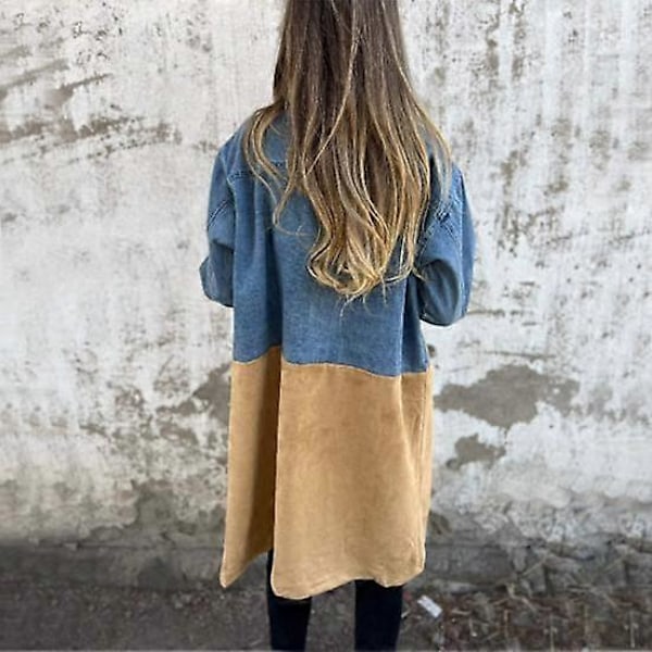 Dam Vår Höst Kappa Jeansjacka Överrock Patchwork Dubbelknäppt med Fickor Färgblock Mellanlång Dam Överrock LGL black S