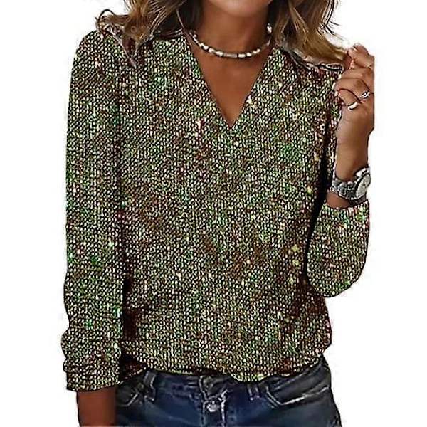 Dame Top Skinnende Pailletter V-Hals Lange Ærmer Løs Blød Pullover Ren Farve Åndbar Daglig Pendling Klub Fest Dame Bluse Skjorte LGL black L