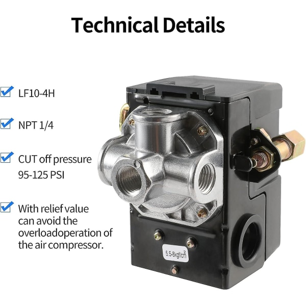 Ilmakompressorin painekytkin LF10-4h, 95-125 psi:n alue ja 20 A:n nimellisvirta, 4-porttinen