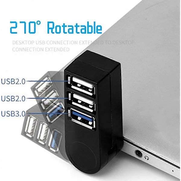 USB til 3 USB-porte 270° Roterbar Ultra Slim USB-splitter til MacBook Notebook PC PC Laptop Mobil USB-flashdrev HDD (LGL)