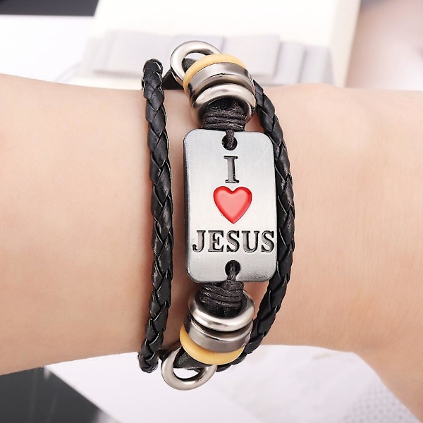 Flettet Jesus-armbånd med flere lag lærperler, armbånd for menn, religiøst kristent tilbehør, talisman-smykke (LGL) HFBR85