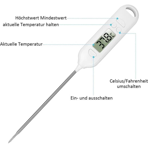Kødtermometer - Langt stegetermometer - LCD-skærm - Stegetermometer til køkken, grill, barbecue, mad [Energiklasse A] (LGL)