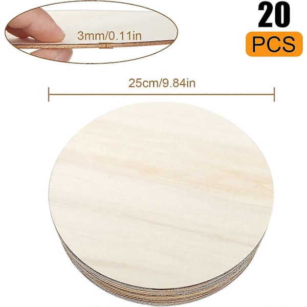 20 stk. Ubehandlede Runde Træcirkler, 25 cm / 10 tommer Diameter, 3 mm Tyk, Almindelige Naturlige Tomme Træskiver til Maling, Håndværk, Skilt Plaq LGL