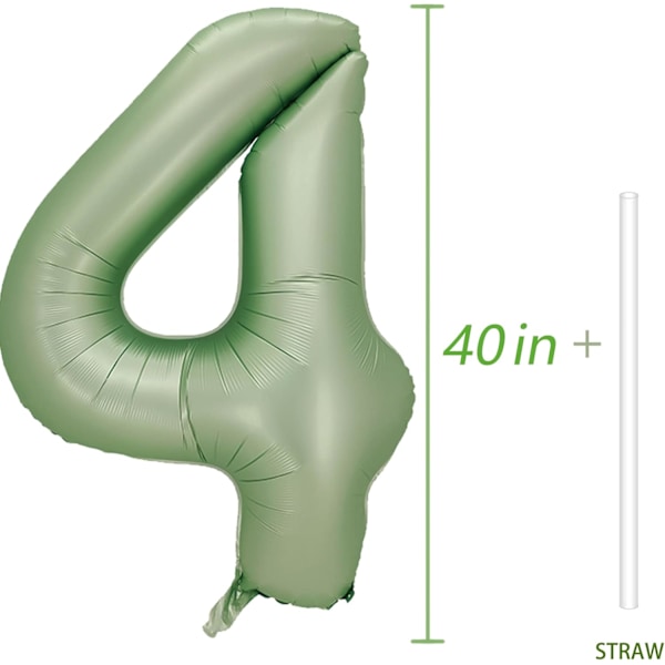 Nummer 4 Ballong, Store Nummerballonger 101 cm, 4-årsdag Festdekorasjoner Fjerde Bursdagsskilt Dekor, Salviegrønn (LGL)