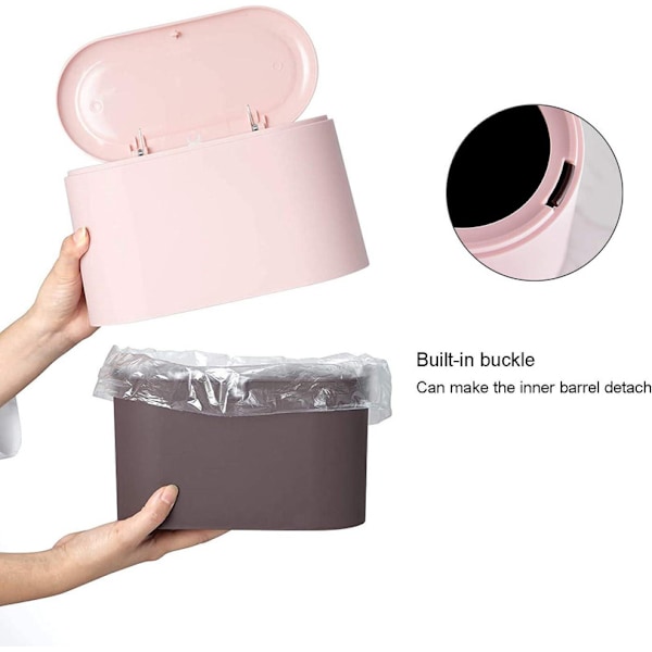 Liten (rosa) papperskorg med tryckknappslock för kontor, badrum, kök och sovrum, förvaring av djurfoder