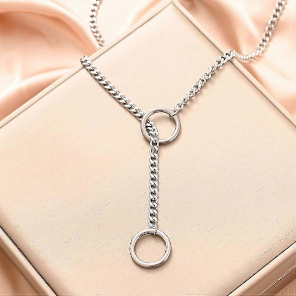 Hjerte O-ring Slip Chain Halskjede for Kvinner Rustfritt Stål Kubansk Kjede Hjerte Halskjede Punk Rock Krage Halskjede Håndlaget Justerbar Lariat Y LGL Silver Ring