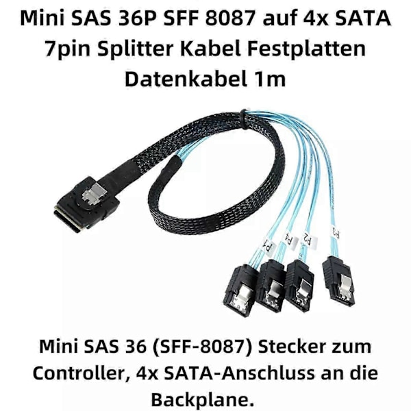 Mini SAS 36P SFF 8087 - 4x SATA 7pin Splitterikaapeli Kiintolevyn Datakaapeli LGL