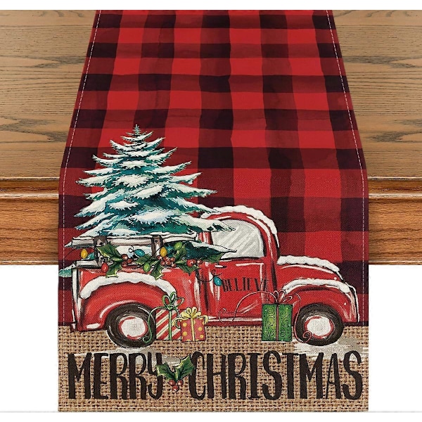 Punainen ja musta Buffalo-ruudullinen Hyvää Joulua -pöytäliina, kausiluonteiset kuorma-autolahjat 33x183 cm - Punainen / Musta (LGL)