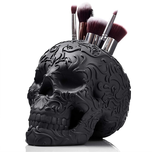 Skull Makeup Borsthållare Gotisk Spöklik Inredning Organizer Växt Blomkruka För Halloween Bord Fåfänga Kontorsskrivbord Förvaring