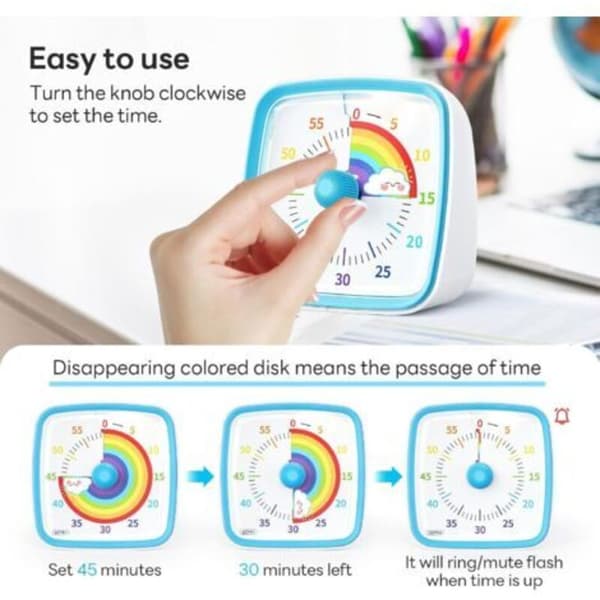 Visuel Timer til Børn og Voksne – 60-minutters nedtællingstimer med lydløs flashfunktion, regnbuemønster, børnetimer til klasseværelset, (LGL)