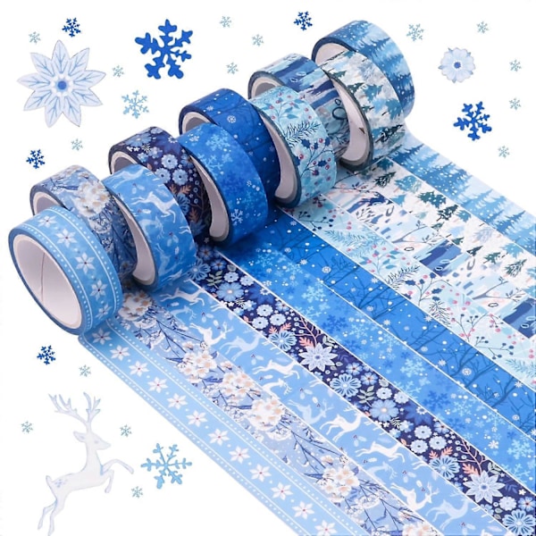 10 Ruller Jule Washi Tape Sett, Multi-Mønstret Dekorativ Washi Tape i Blått for DIY Håndverk, Festival Gaveinnpakning (LGL)