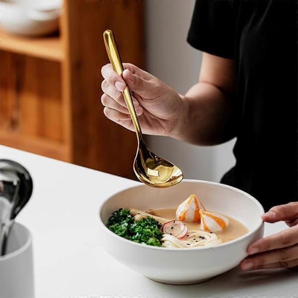 Soppslev, serveringssked i rostfritt stål, gyllene matlagningssked för omrörning, portionering och servering av soppor, såser, smet (LGL)