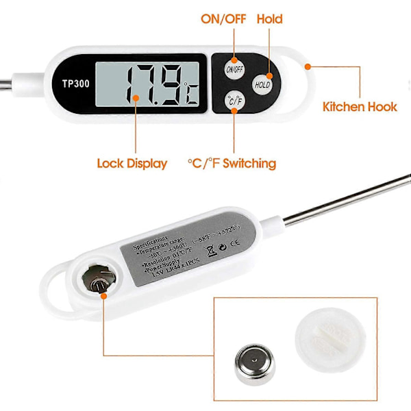 Kjøkkentermometer, Digitalt Digitalt Termometer med Lang Probe, Øyeblikkelig Avlesning Matlagingstermometer, Kjøtttermometer (LGL)