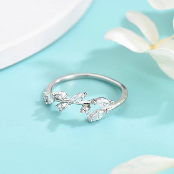 Sterling Sølv Ringe - S925 Sølv Justerbare Åbne Olivenblad Ringe med Cubic Zirconia Piger Kvinder Smykker Gaver (LGL)