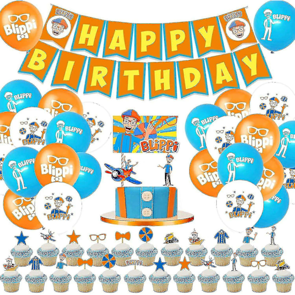 Birthday Party Supplies  68pcs Set Including 1pack Blippi Happy Birthday Banner, 24pcs Latex Balloonkk