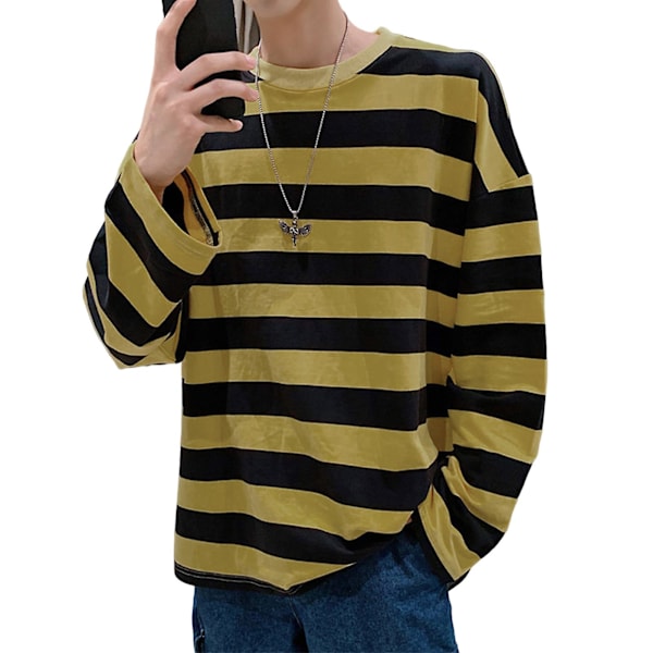 Miesten raidallinen collegepaita, pyöreä pääntie, pitkähihainen, rento, väljä istuvuus, muotitoppi nuorille miehille, asusteet LGL Yellow 2XL