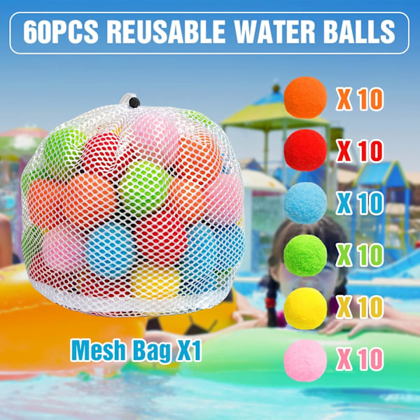 Reusable Water Balloons for Water Fun, Soft CottonWater Balls Water Games for Kids, Summer Water Toys for Backyard Pool Trampoline Beach [l] 60pcs